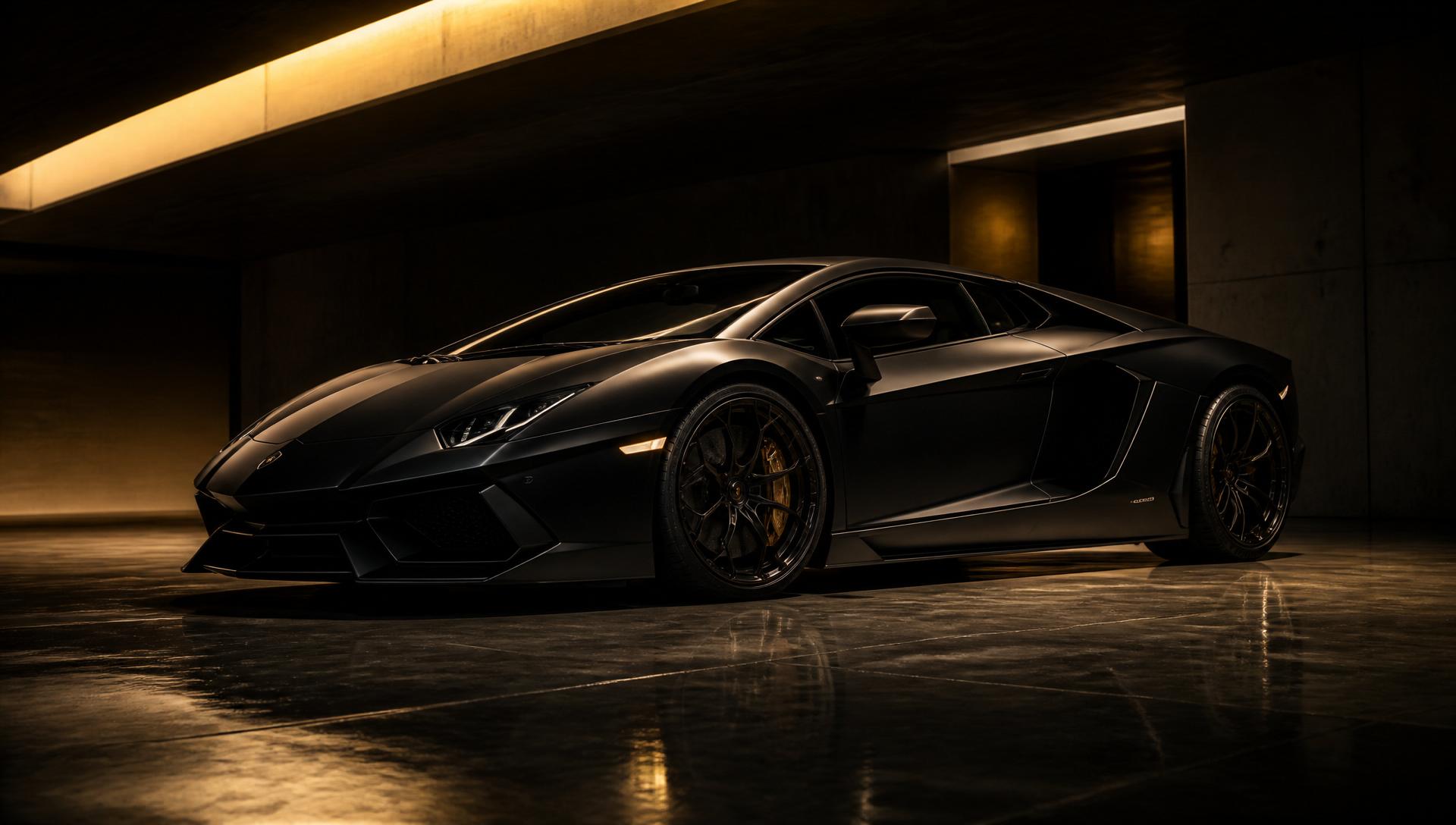 Matte black supercar in a dark architectural garage lit by warm gold light